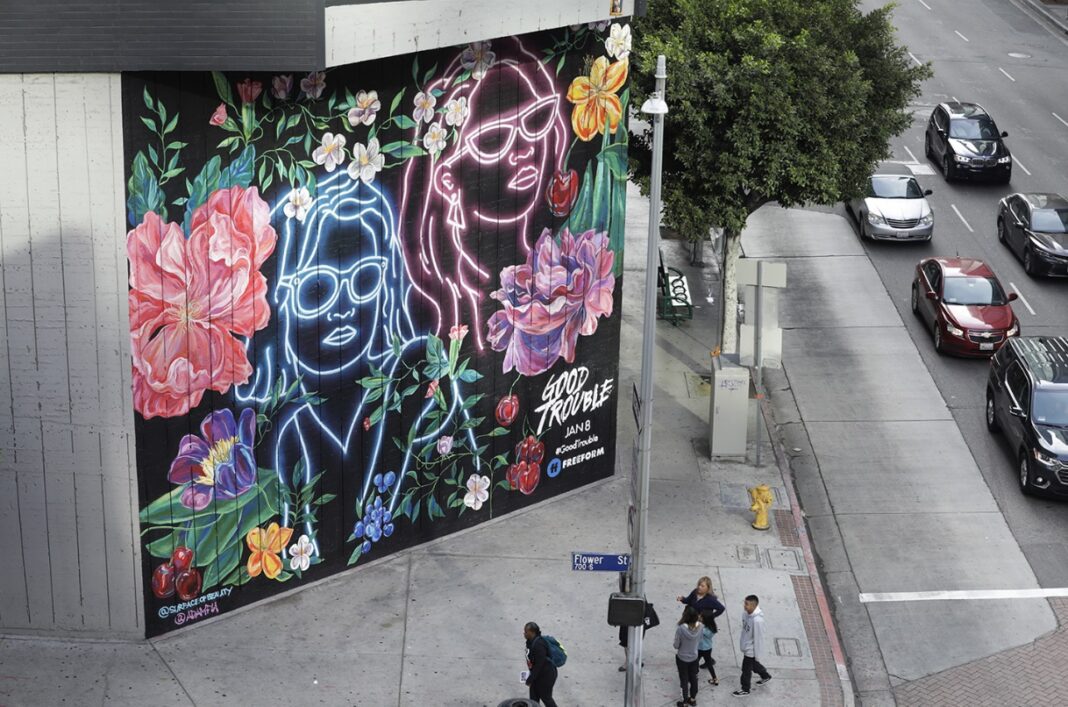 30 foot mural Natasha Nay Platt and Adam Fu created in downtown LA for Freeform Media.